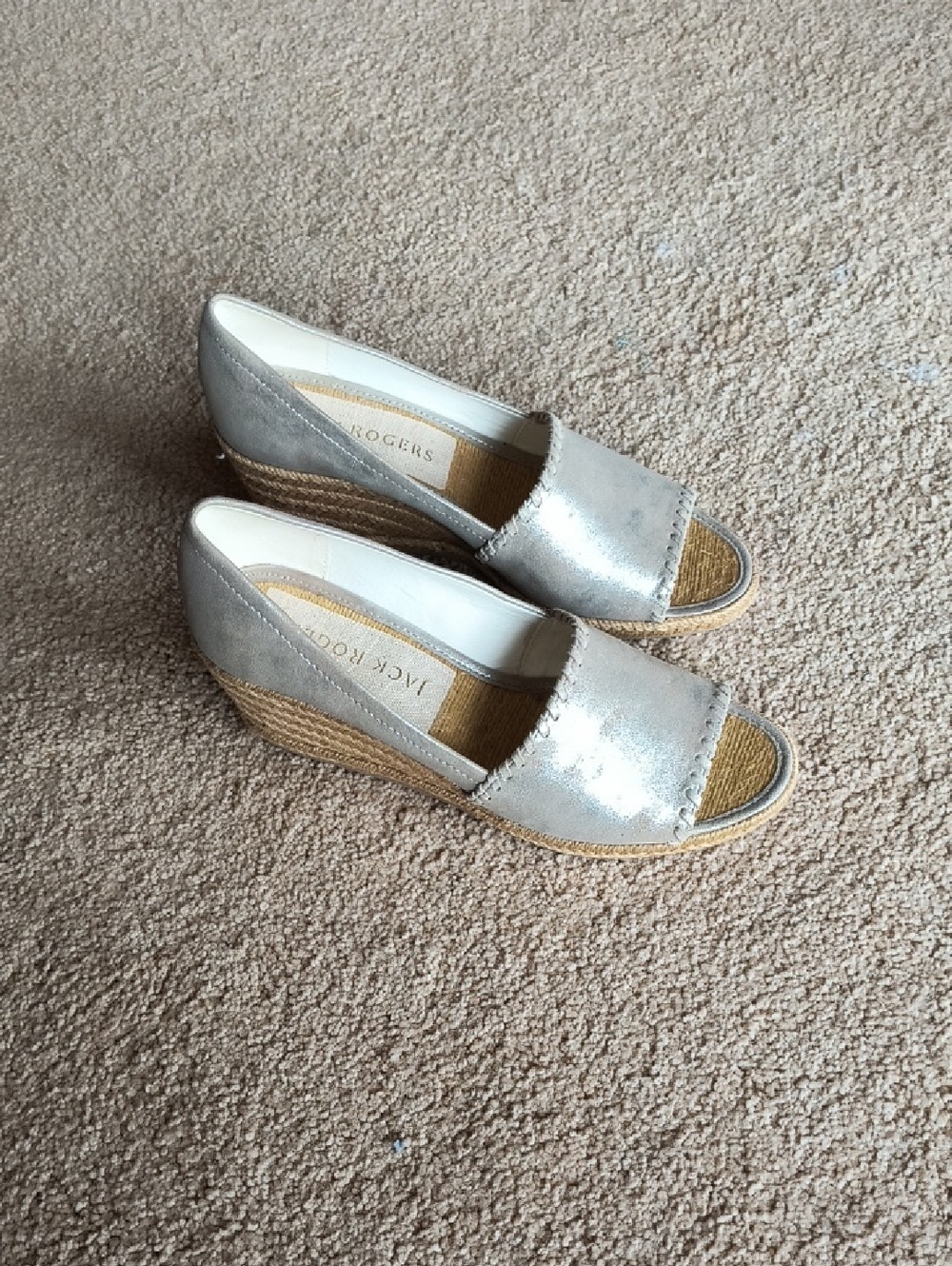 Jack Rogers Palmer Wedge Metallic Silver Espadrille Peep Toe Shoes Size 8